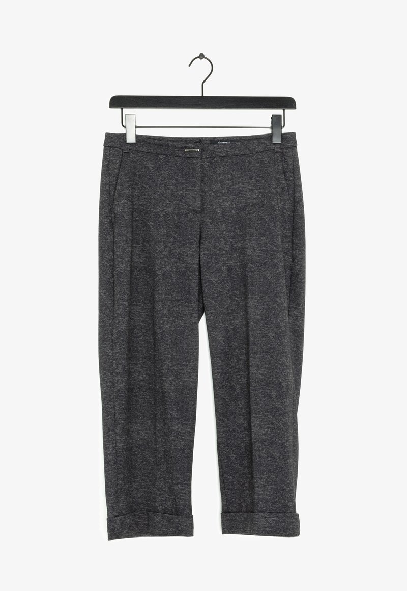 Gray, textured pants hanging from a black hanger. Features side pockets and rolled cuffs at the ankle. Made from a soft, knit material.