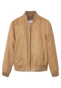 Giacca bomber in suede beige con zip frontale, polsini a coste e due tasche laterali. Texture morbida e design classico.