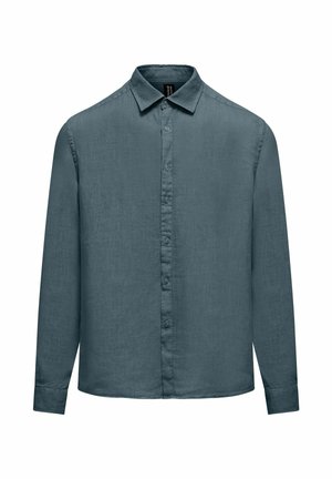 Herenbovendeel met lange mouwen en knopen in gedempte blauwe kleur, met een puntige kraag en knoopmanchetten, getoond op een witte achtergrond.