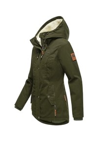 Olive green jacket with a fur-lined hood, zippered and button closures, multiple pockets, and leather accents on the sleeve and side.