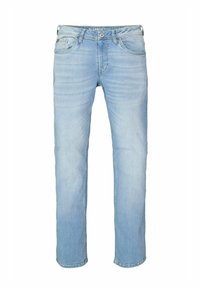 Jeans de denim azul claro con corte recto, diseño de cinco bolsillos y un desvanecimiento mínimo. Presenta una cremallera en la parte delantera y pasadores para cinturón en la cintura.