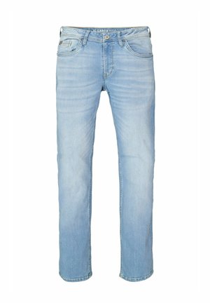 Jeans de denim azul claro con corte recto, diseño de cinco bolsillos y un desvanecimiento mínimo. Presenta una cremallera en la parte delantera y pasadores para cinturón en la cintura.