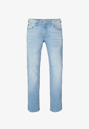 Hellblaue Jeans aus Denim mit geradem Schnitt, fünf Taschen-Design und minimaler Ausbleichung. Verfügt über einen Reißverschluss und Gürtelschlaufen in der Taille.