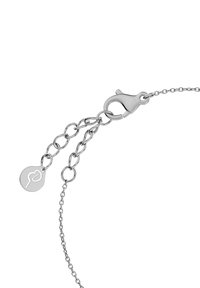 Silver chain necklace close-up showing lobster clasp and adjustable extension chain with small round charm.
