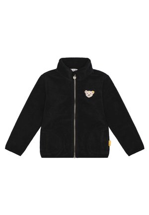 Veste en polaire noire avec un col montant, fermeture éclair sur le devant, deux poches latérales et un petit design de ours brodé sur la poitrine.