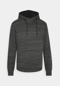 Felpa con cappuccio in tessuto nero e grigio mélange, dotata di tasca a marsupio, cordini regolabili e un piccolo logo sul petto.