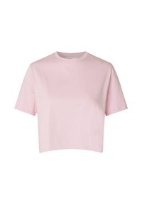 Lyserød cropped t-shirt lavet af bomuld, med korte ærmer og rund halsudskæring. Glat tekstur uden synlige mønstre eller accenter.