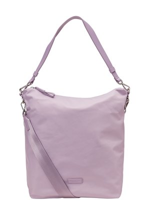 Sac à bandoulière lilas avec sangle réglable, forme rectangulaire, fermeture éclair et petite étiquette de marque discrète près du bas au centre.