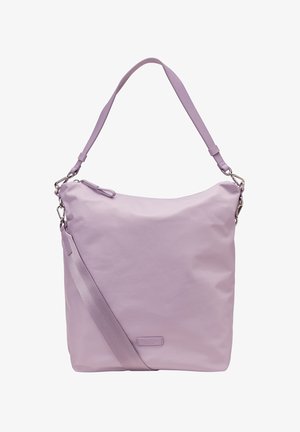Lavendelkleurige schoudertas met verstelbare band, rechthoekige vorm, ritssluiting en subtiel merkembleem nabij de onderkant in het midden.
