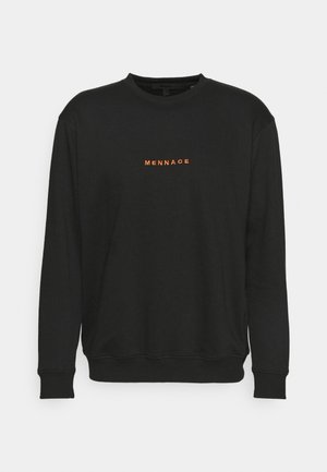 Black long-sleeve crewneck sweatshirt with orange "MENNACE" text centered on the chest, ribbed cuffs and hem.