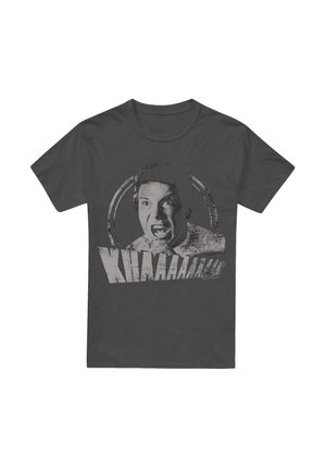 Dunkelgraues Baumwoll-T-Shirt mit einem distressed Grafik eines schreienden Gesichts und dem Text "KHHHHAAAAAAAAN!" darunter in fetten, weißen Buchstaben.