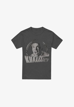 Dunkelgraues Baumwoll-T-Shirt mit einem distressed Grafik eines schreienden Gesichts und dem Text "KHHHHAAAAAAAAN!" darunter in fetten, weißen Buchstaben.
