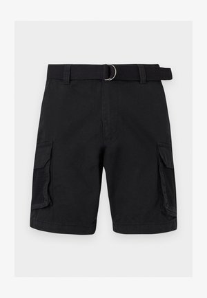 Sorte cargoshorts med sidelommer med klaff og mesh-paneler, med matchende svart stoffbelte med dobbeltringsspenne.