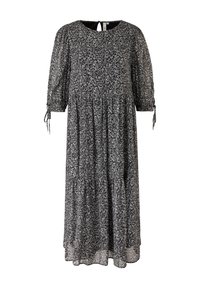 Robe midi noire avec imprimé floral abstrait blanc, manches trois-quarts transparentes, encolure ronde et détails à nouer aux poignets.