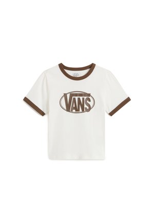 Hvid bomuld T-shirt med brun ribkant på kraven ogærmerne, med et stort brunt Vans-logo i ovalt design på forsiden.