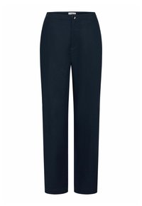 Pantalones azul marino de corte recto, con cierre de botón y una textura suave. Fabricados en tela ligera, sin bolsillos.