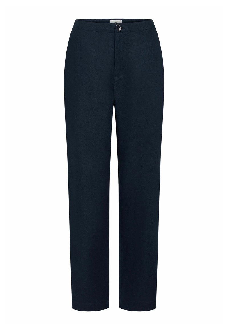 Pantalones azul marino de corte recto, con cierre de botón y una textura suave. Fabricados en tela ligera, sin bolsillos.