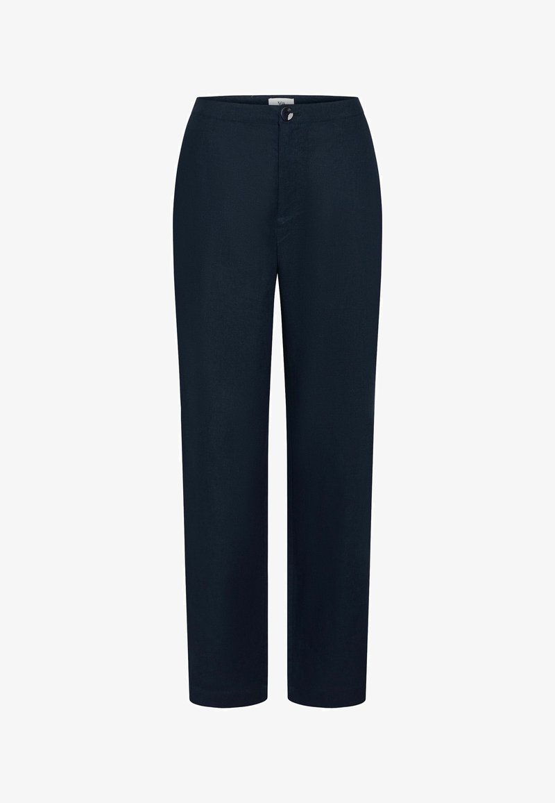 Granatowe spodnie o prostym kroju, z zapięciem na guzik i gładką teksturą. Wykonane z lekkiego materiału, bez kieszeni.