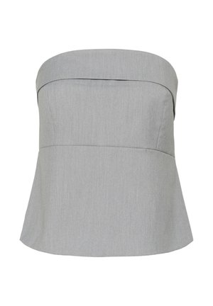 Schulterfreies, hellgraues Stoffoberteil mit einem umgeschlagenen Band und tailliertem Schnitt, das am Saum leicht ausgestellt ist.