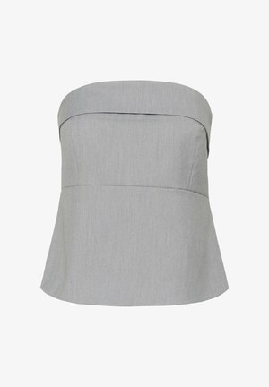 Schulterfreies, hellgraues Stoffoberteil mit einem umgeschlagenen Band und tailliertem Schnitt, das am Saum leicht ausgestellt ist.