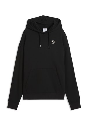 Schwarzer Kapuzenpullover mit Fronttasche, Kordelzug und kleinem Puma-Logo auf der linken Brust.