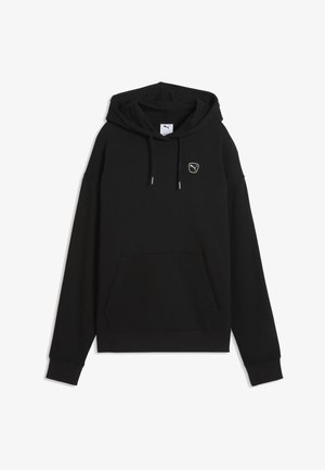 Czarna bluza z kapturem z przednią kieszenią typu kangur, sznurkami i małym logo Puma na lewej piersi.