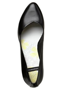 Black leather flat shoe with a pointed toe and flexible design. Interior features a white insole with floral patterns in yellow and gray.