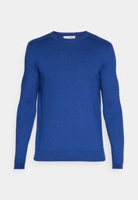 Maglione lavorato a maglia blu con maniche lunghe, scollatura a girocollo e polsini e orlo a coste. Texture liscia, colore uniforme e dettagli di design minimi.