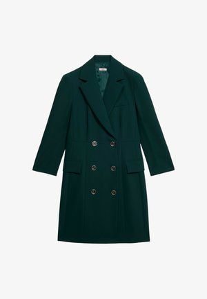 Dark green double-breasted knee-length coat with six metallic buttons, wide lapels, long sleeves, and flap pockets on both sides.