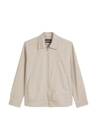 Beige jacket with a collar, front zipper, and two side pockets. Made of a smooth fabric with a clean, minimal design and long sleeves.
