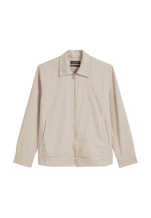 Beige jacket with a collar, front zipper, and two side pockets. Made of a smooth fabric with a clean, minimal design and long sleeves.