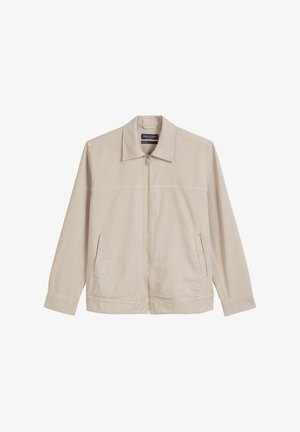 Beige Jacke mit Kragen, einem Reißverschluss vorne und zwei seitlichen Taschen. Aus einem glatten Stoff mit einem klaren, minimalistischen Design und langen Ärmeln.