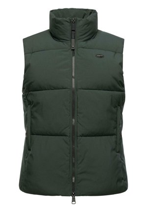 Gilet rembourré vert foncé avec col montant, fermeture éclair frontale et poches latérales. Présente un motif matelassé rectangulaire et un logo sur la poitrine.