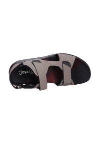 Sándala ergonómica gris con dos correas ajustables, plantilla acolchada y suela negra texturizada. Presenta un sutil patrón a rayas en la plantilla.