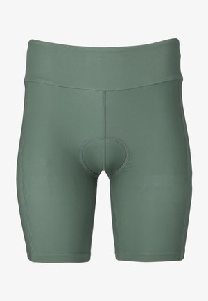 Grüne Sportshorts aus glattem, dehnbarem Material; verfügen über eine verstärkte, gepolsterte Vorderseite und flache Nähte für Komfort und Langlebigkeit.