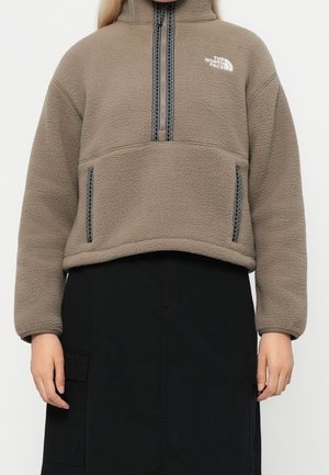 Person iført taupe fleece trøje med halv lynlås og sort nederdel med sidelommer mod en ensfarvet baggrund.