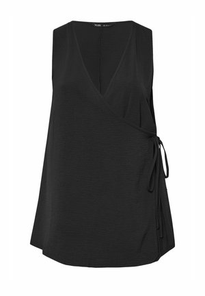 Mouwloze zwarte wikkel-top met diepe V-hals en zijstriksluiting, gemaakt van lichtgewicht, gestructureerde stof.