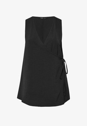 Top nero senza maniche con scollo a V profondo e chiusura laterale con laccio, realizzato in tessuto leggero e texturizzato.