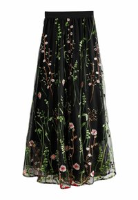 Jupe en tulle noir avec une taille élastique, ornée de broderies florales colorées en vert, rose et blanc, évoquant un design botanique.