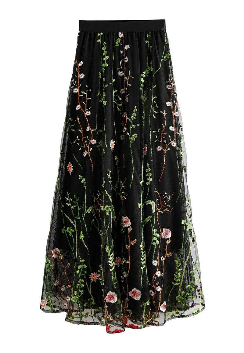 Jupe en tulle noir avec une taille élastique, ornée de broderies florales colorées en vert, rose et blanc, évoquant un design botanique.