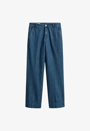 Blauwe denim broek met rechte pijpen, zijzakken, lussen voor een riem en een sluiting met knopen aan de voorkant.