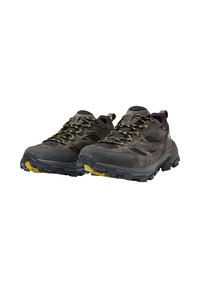 Graue Wanderschuhe mit strukturiertem Wildleder- und Mesh-Obermaterial, mit gelben Akzenten und robusten schwarzen Gummisohlen für besseren Halt.