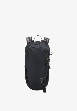 Sac à dos compact noir Jack Wolfskin avec bretelles rembourrées, poignée supérieure, poche avant zippée et sangle latérale réglable.