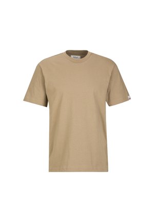 T-shirt beige a girocollo realizzato in cotone, con maniche corte e un piccolo logo sulla manica sinistra. Texture liscia, taglio dritto.
