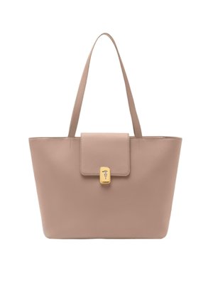 Taupe læder skuldertaske med rektangulært form, klaplås og detalje med guldfarvet spænde, med to tynde skulderstropper.