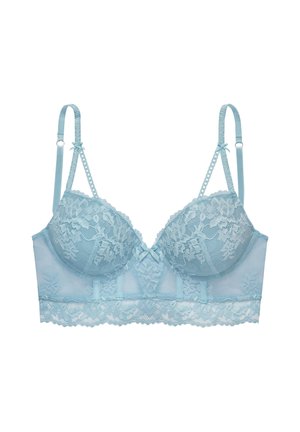 Hellblauer Spitzen-BH mit Bügel-Cups, verstellbaren Trägern, kleinen Schleifen an den Trägern und in der Mitte sowie floralen Spitzen-Details am Bund und an den Cups.