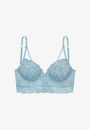 Light blue lace bra with underwire cups, adjustable straps, small bows on straps and center, and floral lace detailing on band and cups.