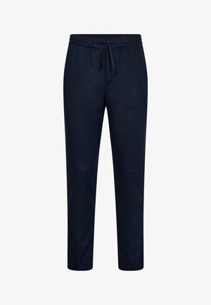 Navyblauwe linnen broek met een elastische tailleband, accent met trekkoord en taps toelopende pijpen. Soepele textuur zonder zichtbare patronen.