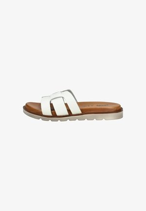 Hvid slide sandal med to brede stropper, brun indersål og en let, fleksibel sål. Glat tekstur med et minimalistisk design.