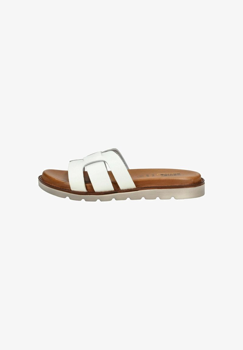 Sandale blanche à glissière avec deux larges brides, semelle intérieure brune et une semelle légère et flexible. Texture lisse avec un design minimaliste.